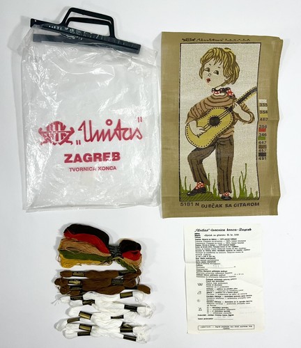 VINTAGE PUNCH NEEDLE CRAFT KIT BOY GUITAR COUNTRY BEATNIK MOD WALL ART TAPESTRY - Picture 2 of 7
