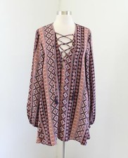 Show Me Your Mumu Lightning Bird Printed Lace Up Tunic Mini Dress Sz M Burgundy