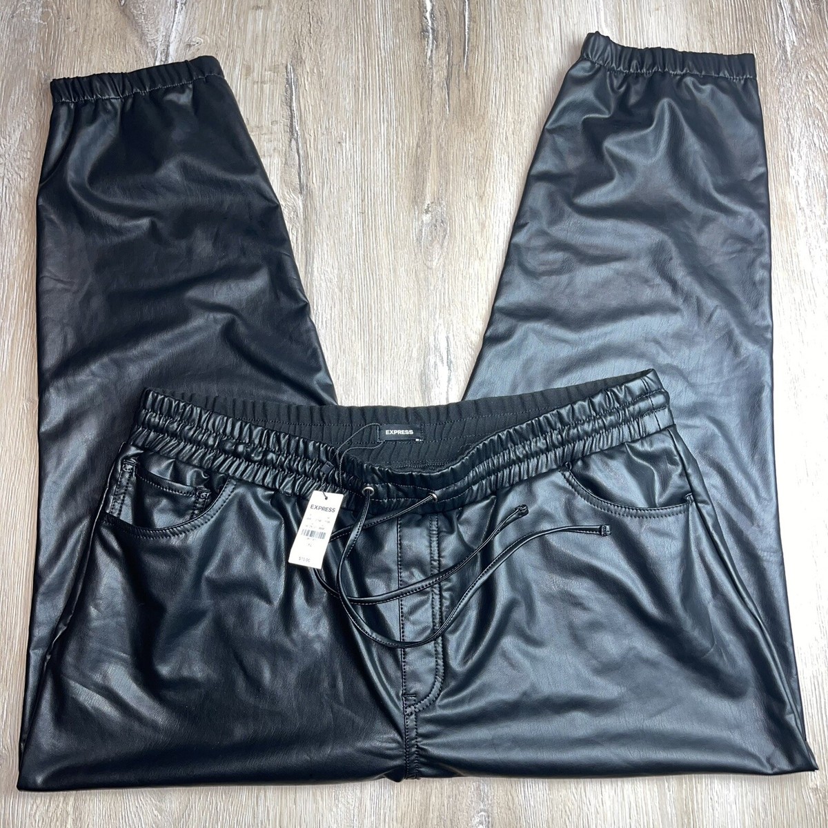 EXPRESS WOMEN’S XL FAUX LEARHER JOGGER PANTS HIGH RISE POCKET BLACK  STRECH Y2K