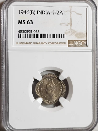 India 1/2 Anna 1946B NGC MS 63