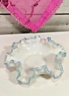 Vintage Fenton Milk Glass Crimpled Art Glass Bon Bon Candy Dish Aqua Crest 6" D