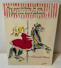 VTG Panda Prints Birthday Card Rosalind Welcher Girl Carousel Horse County Fair
