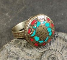 R267 Handmade size 11 Turquoise Coral Resin Tibetan Silver Finger Ring Nepal