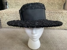 Vintage Black Wide Rim Fancy Lacey Derby Hat Bow Hat Pin