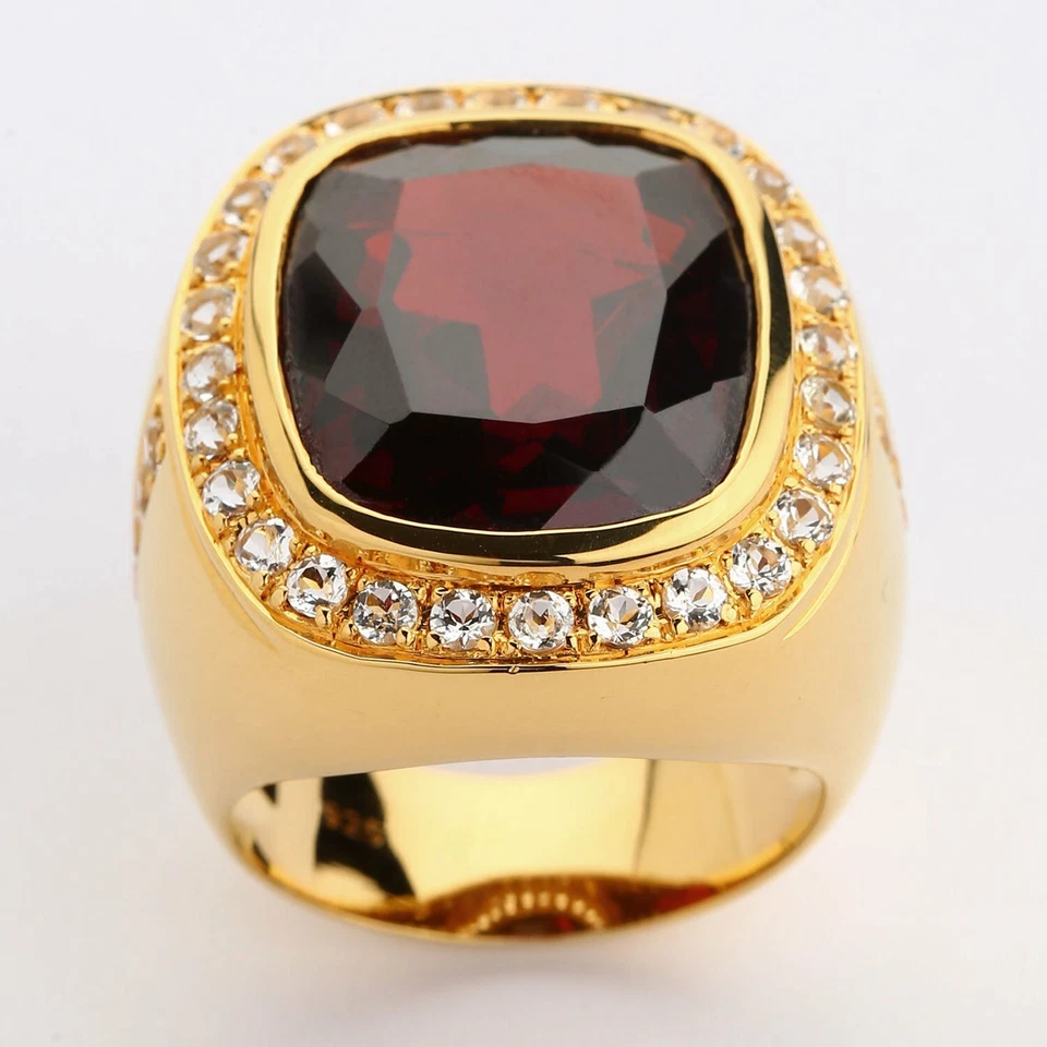 Enorme anel de granada vermelha natural masculino, anel masculino de ouro amarelo 14K novo - Imagem 2 de 4