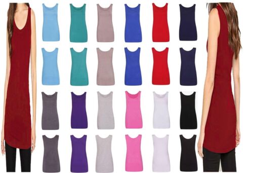 Womens Scoop Neck Sleeveless Ladies Long Stretch Plain Vest Strappy T-Shirt Top - Picture 1 of 18