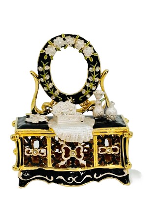 Fancy Trinket Box Victorian Vanity Enamel Hinged Magnetic Closure Rhinestones
