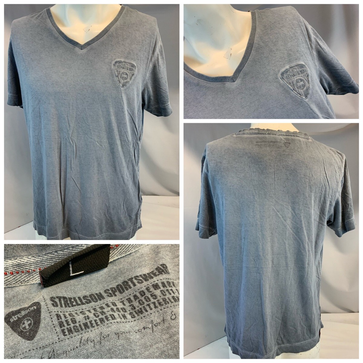 Strellson Sportswear V Neck Tee Shirt L Men Gray Cotton