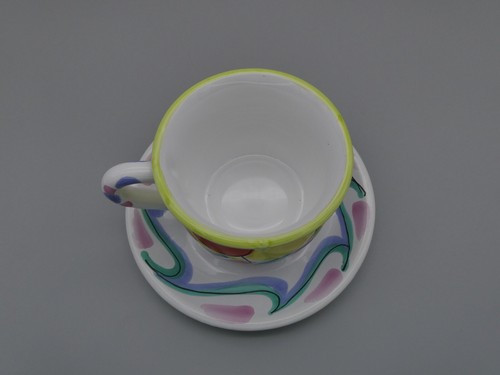 Tickled Pink Mug Cup Saucer Hand Painted Elizabeth Roache PresenTense Italy 15oz - Picture 6 of 15