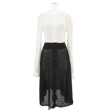 CHANEL Knit Long Dress P76029 Semi-Sheer L/S Women Size 36 White/Black