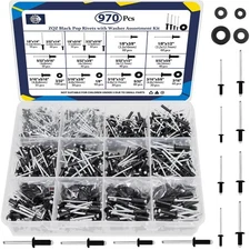 970Pcs Black Pop Rivets with Washer Assortment Kit, 14 Sizes Black Rivits wit...