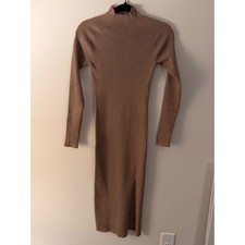 Quince Women's XS Brown Ribbed Knit Long Sleeve Maxi Dress Front Slit Stretch
