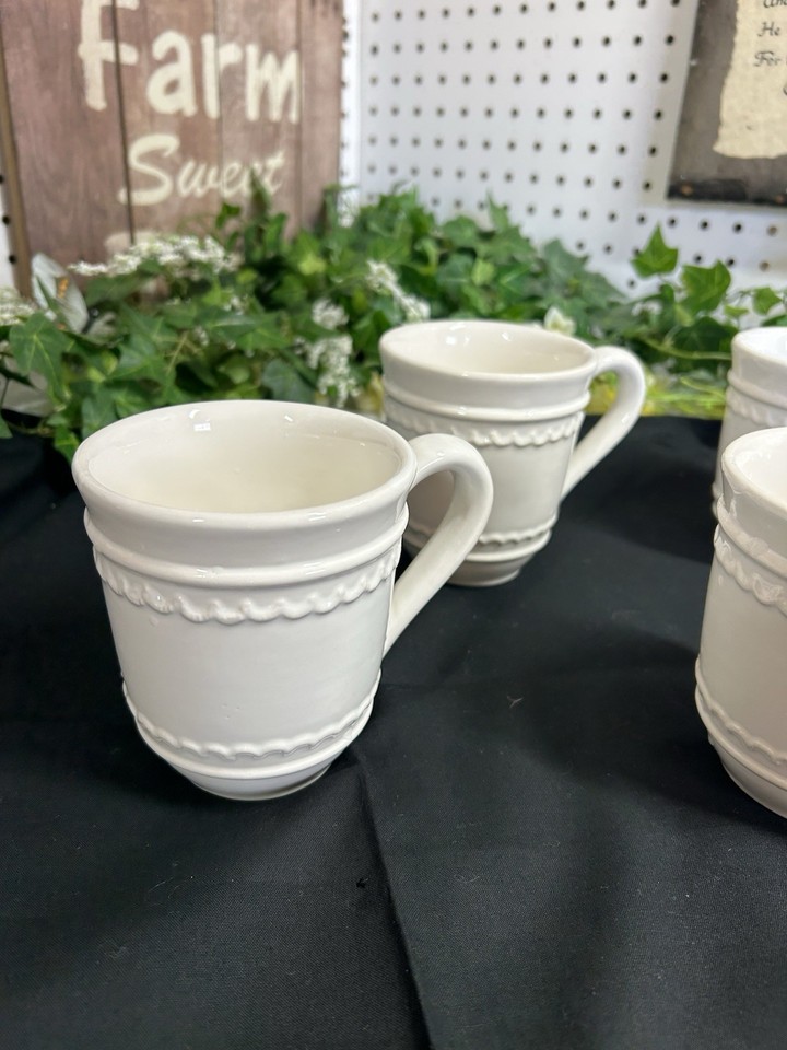 Set 4 Pottery Barn Large Coffee Tea Mugs Ivory Stoneware Cup Rope Htf ...
