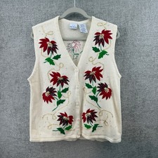 Bobbie Brooks Womens Large Poinsettia Christmas Sweater Vest Cream Plaid Beaded