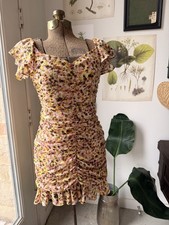 ASTR The Label Floral Ruched Ruffle Mini Dress Short Flutter Sleeve S