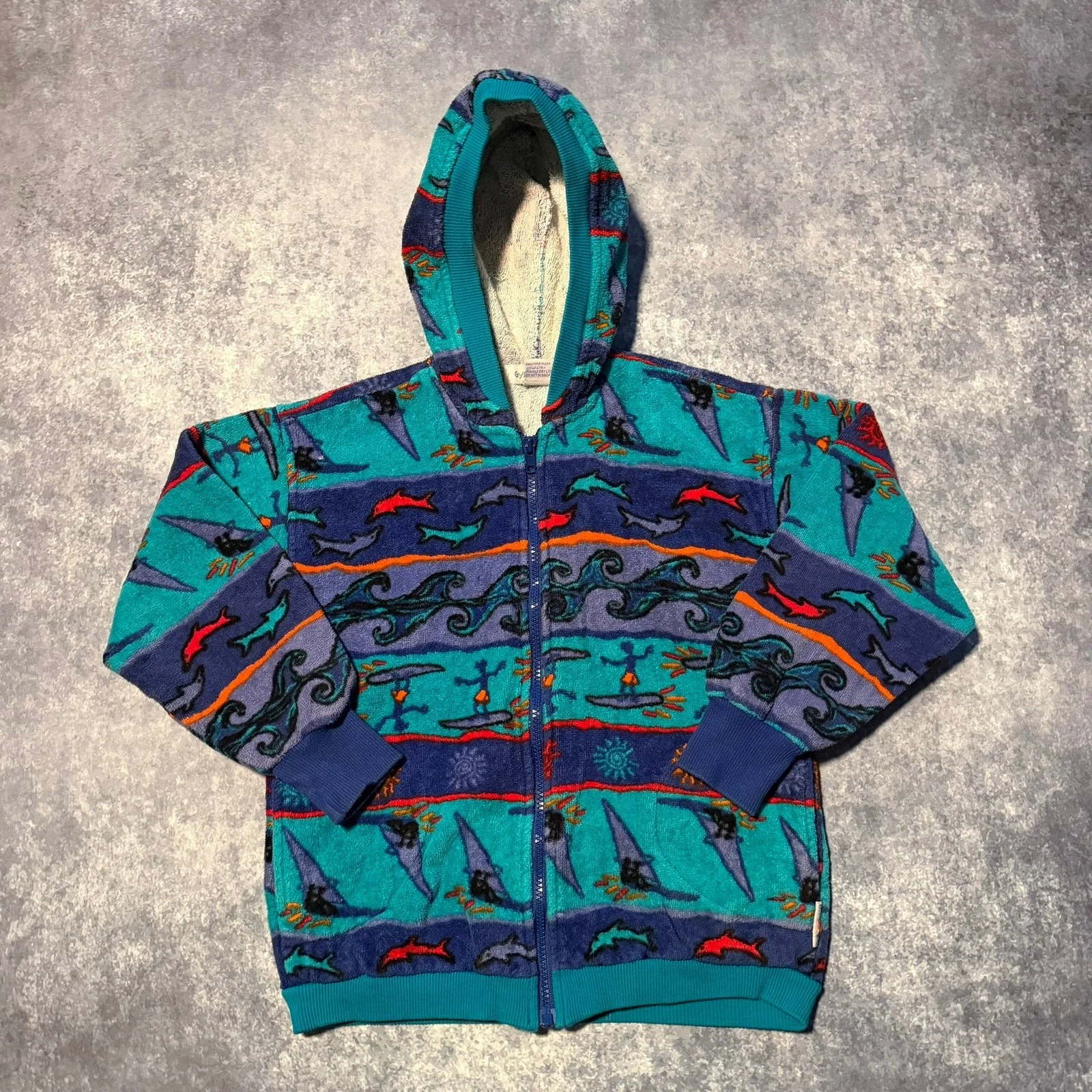 Vintage Gymboree Kids Surf Zip Up Hoodie Beach Surf Wave Dolphin Terry Cloth