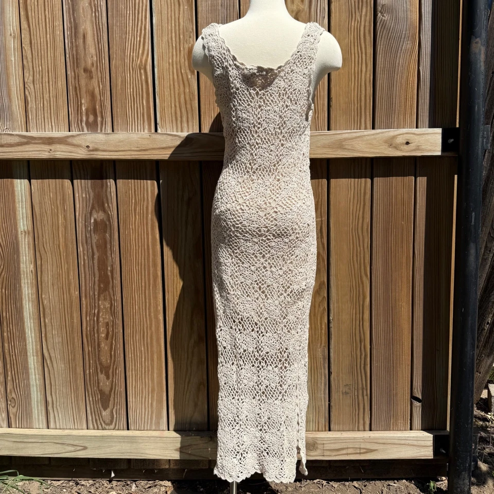 Newport News Crochet Knit Maxi Dress Sleeveless Beige Ramie Cotton M - Image 4 of 4