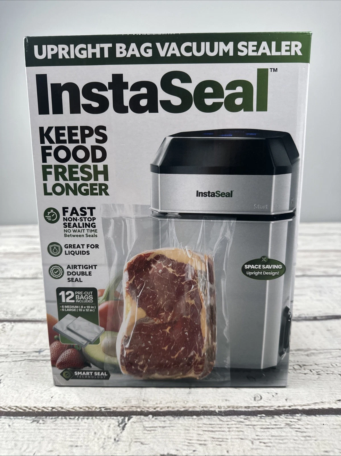 InstaSeal Airtight Double Seal Compact Upright Bag Food Vacuum Sealer w/ 12 Bags