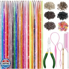 Hair Tinsel 24 Colors with Tools, 50 Inch Fairy Hair Tinsel Kit Extensions, 9