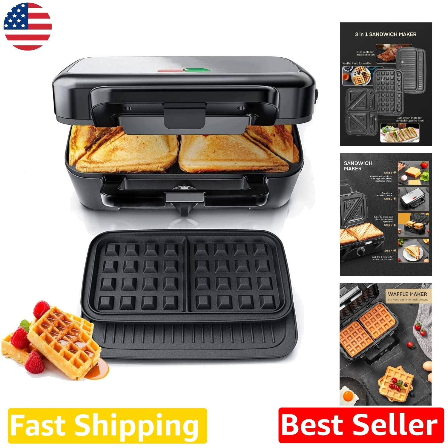 Versatile 1200W 3-in-1 Sandwich Maker Waffle Panini Grill 5-Gear Temp