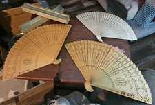  3 Vtg Oriental Fan Folding Hand Held Bamboo Wood Fan Fans