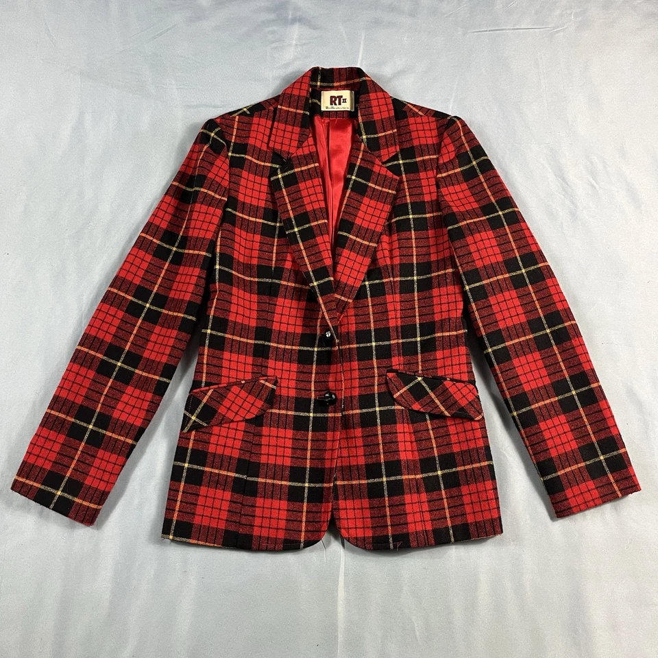 Blazer Mujer Rojo Tartán Lana De Colección Años 60 Chaqueta Talla 5/6 XXS XS Petite Foto 2 de 4