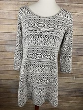 Maurices Large Boho Dress Zip Back Cream Black Ikat Stretchy Long Sleeve 