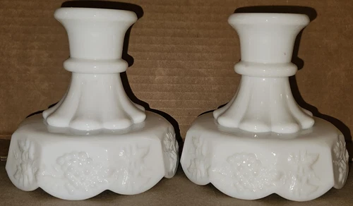 Vintage White Milk Glass Grape Harvest Candle Holder -  Set of 2