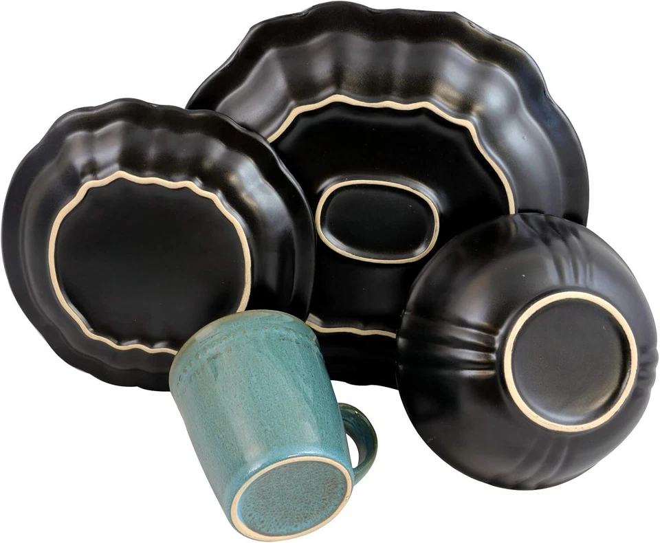 Juego de vajilla redonda de cerámica de encaje, cuenco y plato de cerámica de encaje con taza azul océano Foto 3 de 4