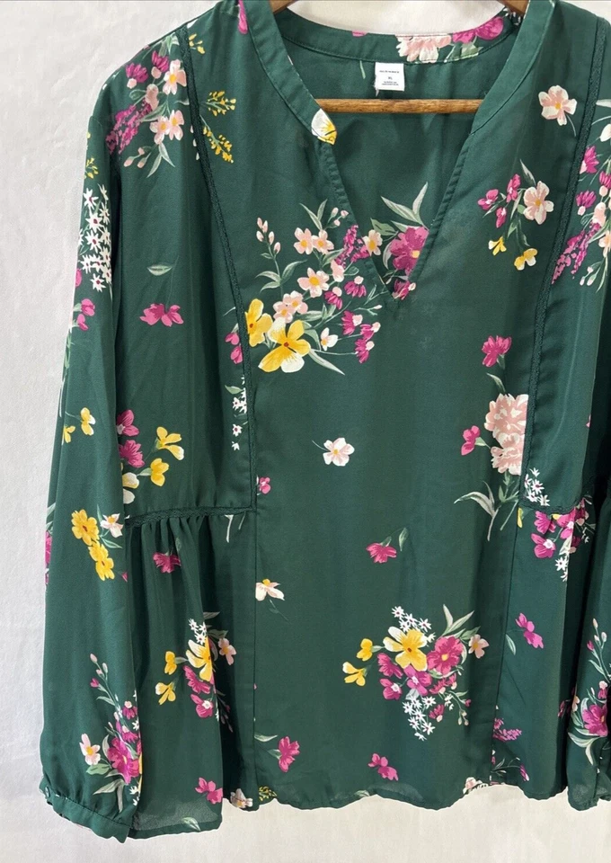 Blusa Columpio Verde Manga Larga Semi Transparente Floral Azul Marino Antigua Talla XL Naturaleza Hada Foto 2 de 4