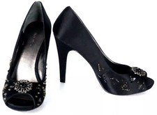 Nine West Women's Eyelight Open-Toe Pump,Black Satin 10 M