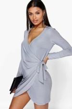 Boohoo Madeleine Drape Knit Detail Tuxedo Dress Grey Size UK 8 DH101 NN 09