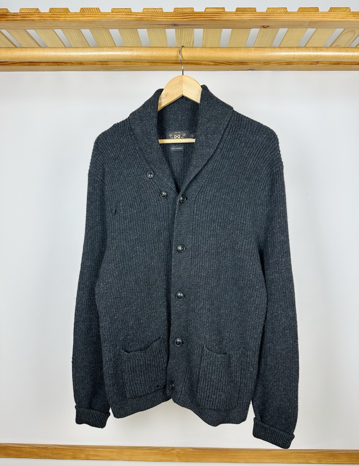 RRL Ralph Lauren Men's Dark Grey Cashmere Cardigan Shawl-Collar Sweater Size XL