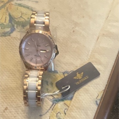 OUPINKE White Gold Analog Wristwatch Date Indicator Mother of Pearl Dial Metal