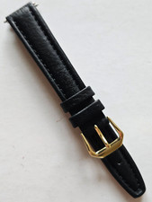 16mm - Classic Style / Black Leather Watch Band - Gold Buckle / w Pins