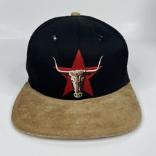 Vintage Marlboro Hat Cap Snap Back Black Leather Bill Longhorn Cigarettes Mens
