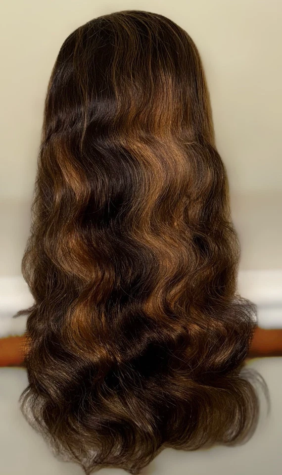Lindo, 24 polegadas, preto com destaques marrons, estilo onda corporal, peruca 100% cabelo humano - Imagem 2 de 4