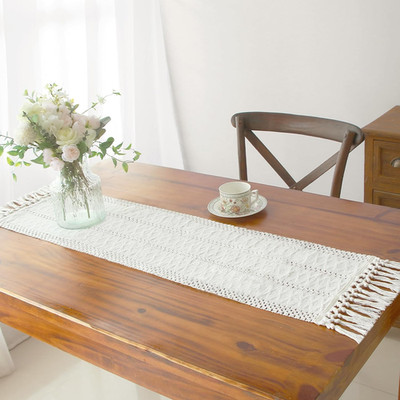 Boho Macrame Table Runner with Tassels 48 Inches Table Runner, 12'' x 48'' Cream