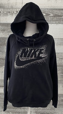 Nike Funnel Neck Hoodie Women's Size M Sweatshirt Black Shiny Swoosh Logo Pocket