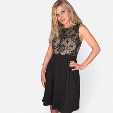 Rewind Women's Black Retro Dress with Lace Bodice and Bow at Waist L
