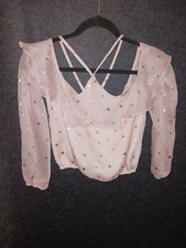 Lovers & Friends Pink Crop Top Silver Hearts Chiffon Ruffle Blouse Womens XS
