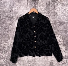 Citron Santa Monica Top Small Womens Black Silk Floral Velvet Long Sleeve Shirt