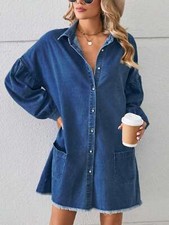 Women's Long Sleeve Denim Shirt Dress With Front Button Closure And Patch Pocket