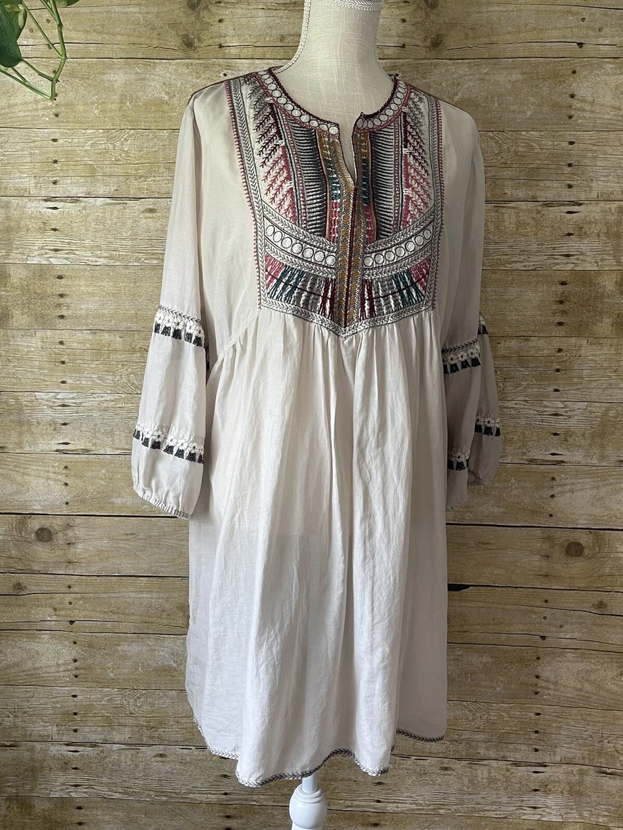 Johnny Was Top Boho Embroidered Tunic Dress Size L Large 3 4 Sleeves