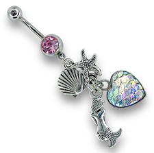 14g Rosa Circonita Cuelga Sirena Estrella de Mar Caparazón Corazón Blanco Escala de Peces Anillo Vientre B489