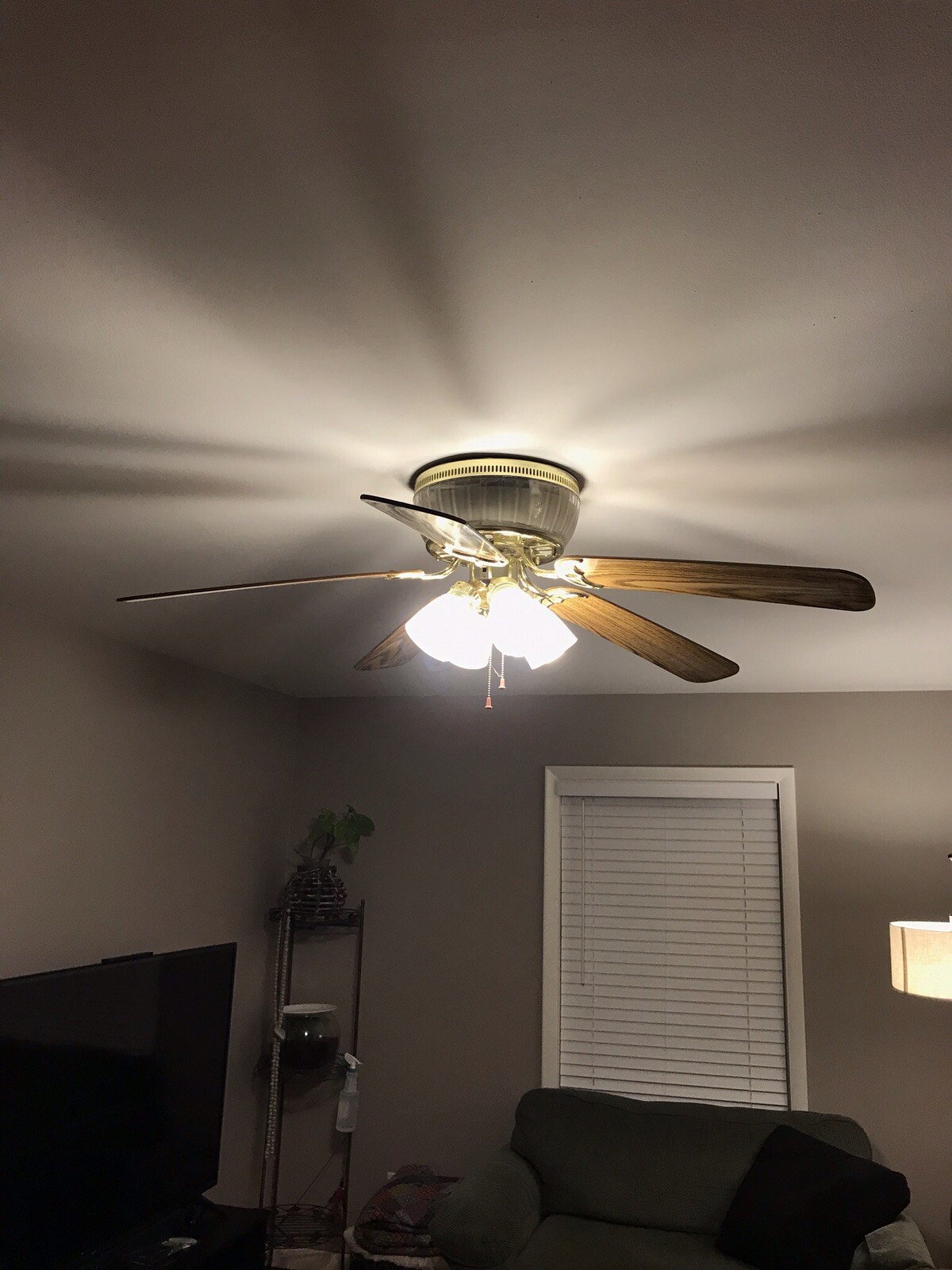 Vintage 52 Brass Stenciled Walnut 4 Blade Ceiling Fan 3 Spd Rev