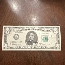 1963a 5 Federal Reserve Note Lincoln Serial D19921382a Uncertified