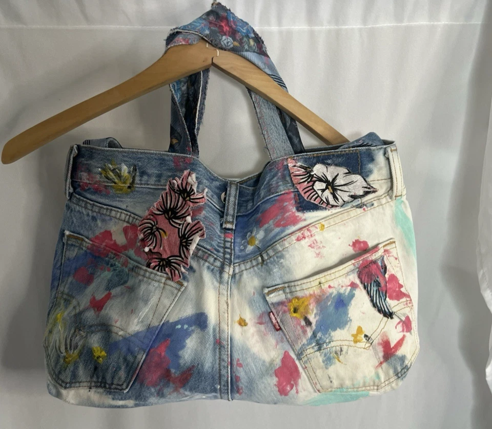 Upcycled Levi's Painted, appliqué, crossbody & top handle tote, purse - Image 2 of 4