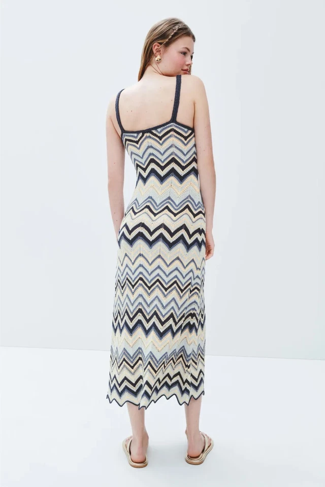 MAJE Crochet Knit Maxi Dress Zigzag V Stretchy Weaved, Size 38, Retail $469 - Image 2 of 4