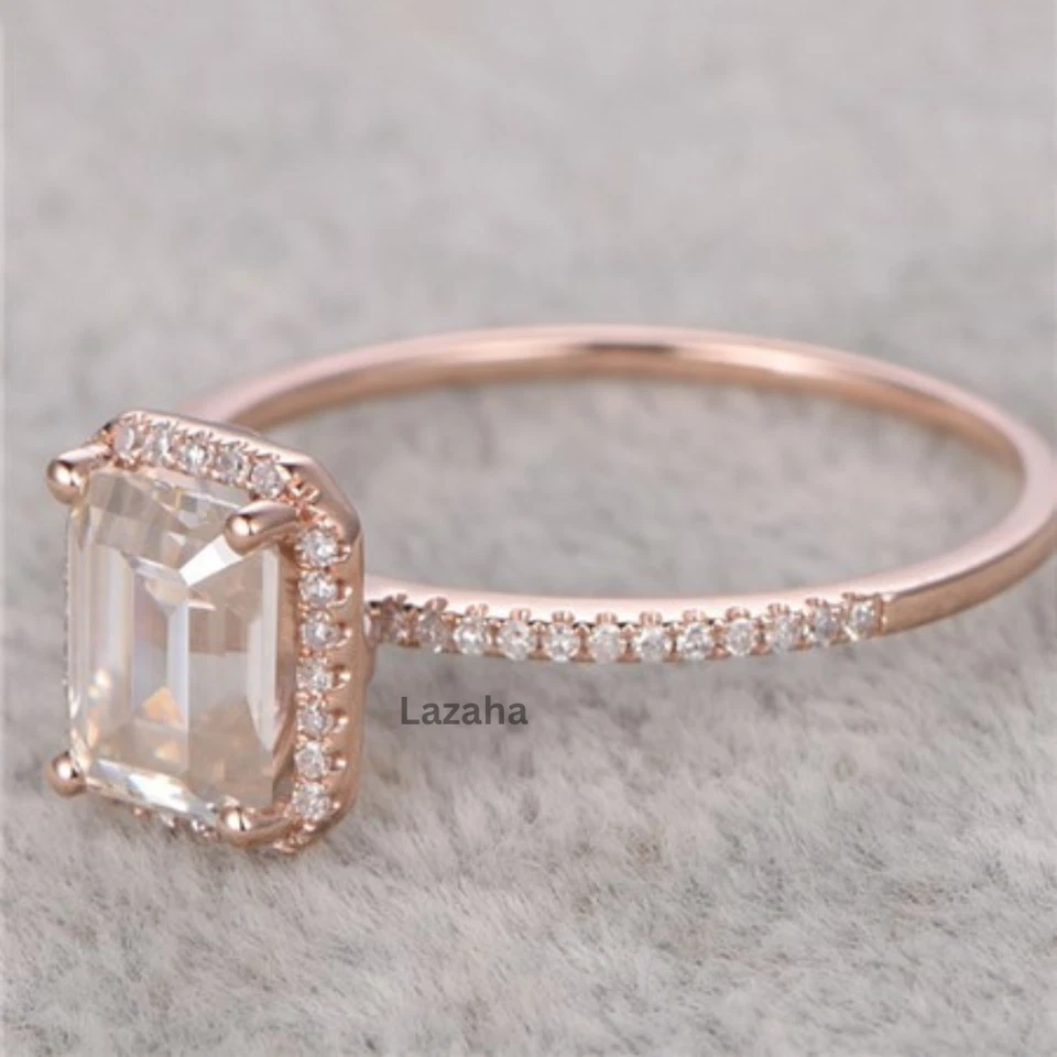 1.50 Ct Emerald Cut Moissanite 18K Rose Gold Halo With Accents Engagement Ring - Image 3 of 4